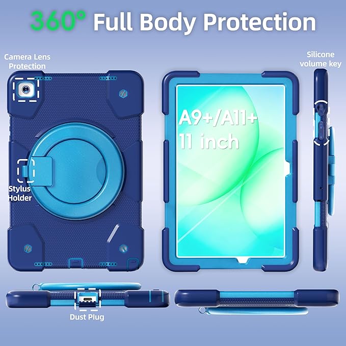 Andnary Case for Samsung Galaxy Tab A9+/A9 Plus Case 11 Inch with Screen Protector/360° Rotating Stand/Pen Holder/Shoulder Strap, Shockproof Cover for Tablet A9+ 5g (Navy+Blue)