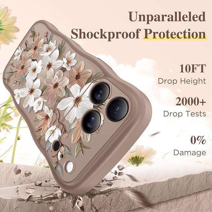 GVIEWIN for iPhone 17 Pro Max Case Compatible with MagSafe [Curly Wave Edge][Full Camera Protection] Floral Translucent Shockproof Magnetic Women Phone Case for 17 Pro Max, Dogwood/Brown