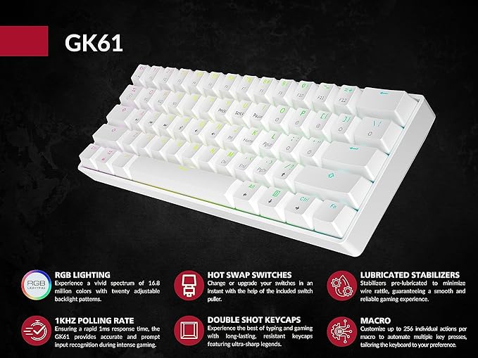 GK61 Mechanical Gaming Keyboard - 61 Keys Multi Color RGB Illuminated LED Backlit Wired Programmable for PC/Mac Gamer (Gateron Optical Black, White)