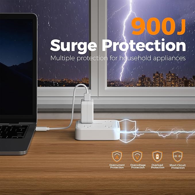 TESSAN Surge Protector Flat Extension Cord 15Ft, Flat Plug Power Strip with 4 Outlets 3 USB Ports (1 USB C), 900 Joules Protection, Multiple Wall Outlet Extender Suitable for Home Office Dorm, White