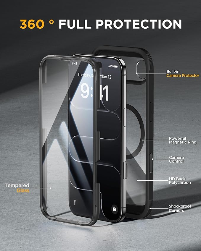 Miracase Magnetic for iPhone Air Case 6.5-inch with Camera Control, [Compatible with MagSafe] Full-Body Protection Slim Phone Case with Built-in Tempered Glass Screen Protector for 17 Air Case, Black