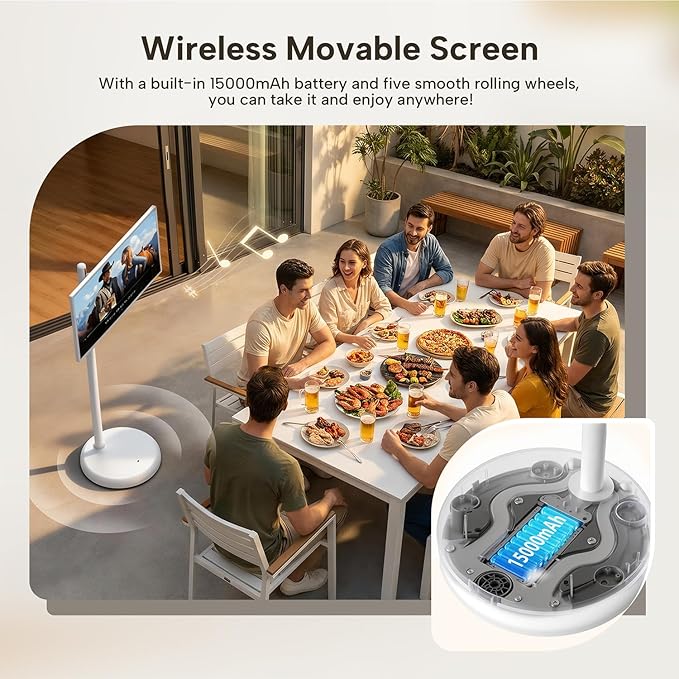 YAOKIREN 32" Smart Portable TV, 4K/1080P Mobile TV, Android OS, 6GB+128GB, Built-in 15000mAh Battery, 13MP Camera for Video Calls, Swivel Rotating Stand, Voice Remote, Wireless Smart Display