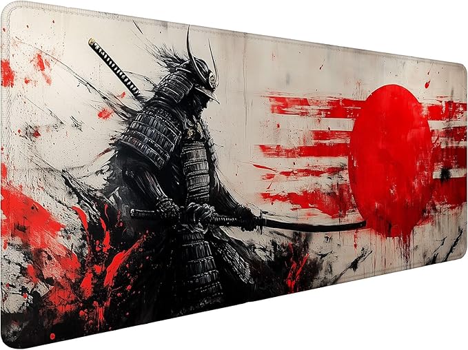 Japanese Samurai Desk Mat Anime Graffiti Large Gaming Mouse Mat with Stitched Edges,Non-Slip Waterproof Rubber Base Mous Mat 31.5"x11.8" Office Computer Keyboard Laptop Home