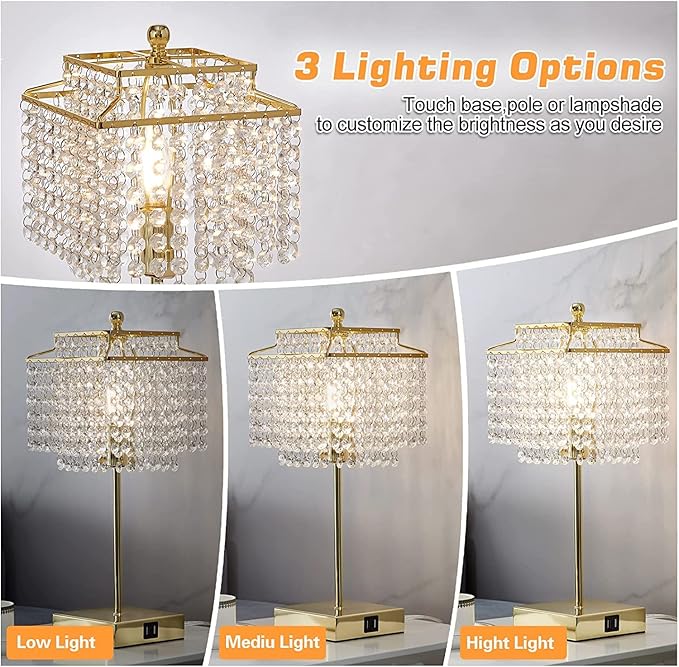 Luvkczc Set of 2 USB Bedside Crystal Table Lamp Gold, Touch Control Lamp, Dimmable Lamp with Crystal Shade for Bedroom, Living Room, 6W LED Bulb Included