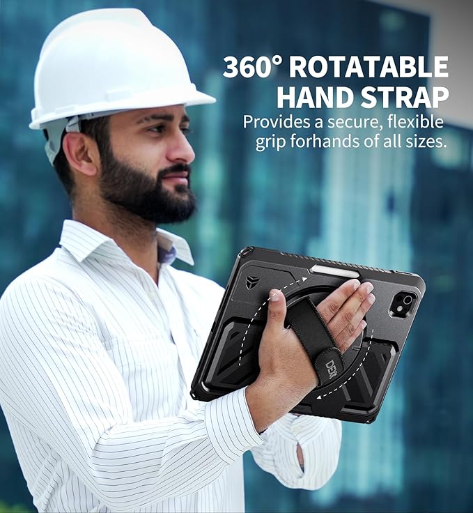 Dexnor for iPad Pro 11 inch Case M5 2025/M4 2024, Rugged Protective Case with 360° Rotating Hand Strap & Large Steady Stand & Screen Protector & Pencil Holder Shockproof Full-Body Bumper Cover, Black