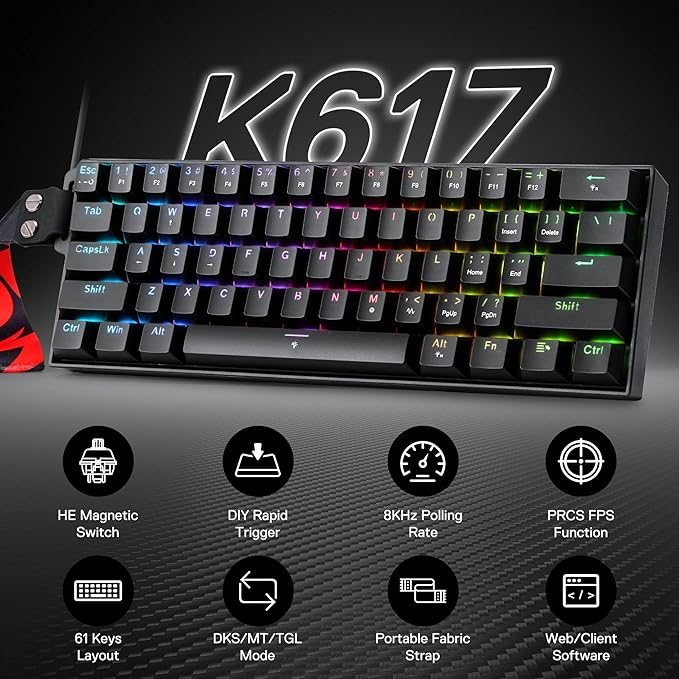 Redragon K617 HE Rapid Trigger Gaming Keyboard, 60% 61 Keys Wired Mechanical Keyboard w/Hyper-Fast Actuation, Dedicated Hall Effect Magnetic Switch, Actuation Point Adjustable, Strap Version