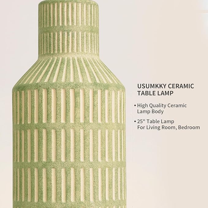 USumkky 25" Green Ceramic Table Lamp - Modern Bedside Nightstand Lamp, Easy Assembly Twist Knob Switch for Bedroom Living Room Home Office Decor (Bulb Not Included)