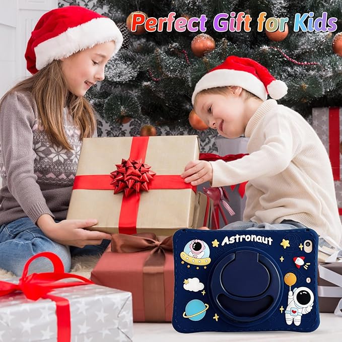 Dteck for iPad Pro 11 Case 2022/2021/2020/2018,iPad Air 5/4 Case,Cute Cartoon 3D Unique Rotating Handle Stand Shoulder Strap Soft Silicone Funda Rugged Shockproof Protective Kid-Proof Case,Spaceman