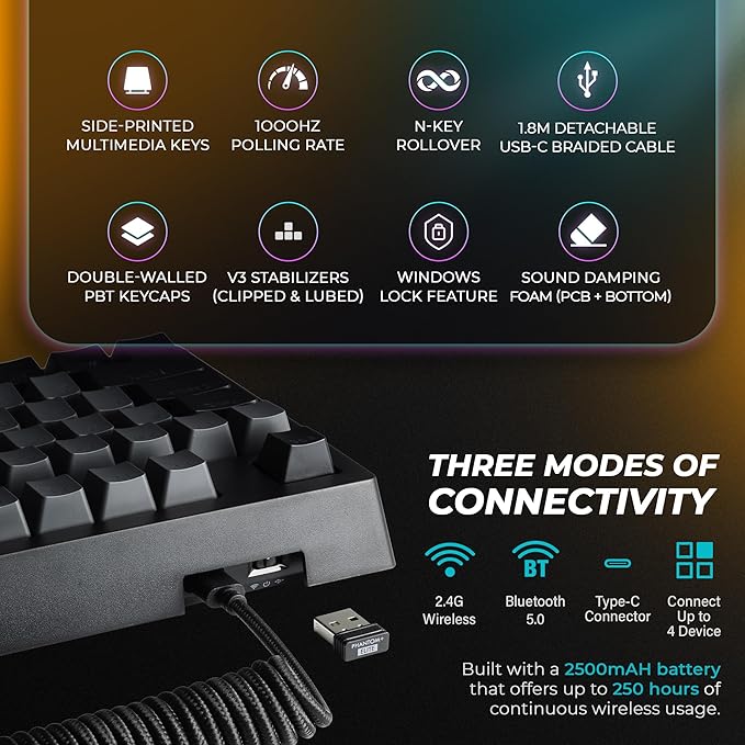 TECWARE Phantom+ Elite 87 Mechanical Gaming Keyboard | RGB LED Backlit | Hot Swappable Wraith Brown Switches | 87 Key TKL Layout | Thocky Sound Profile | Tri-Mode Wireless Bluetooth/2.4GHz | Black