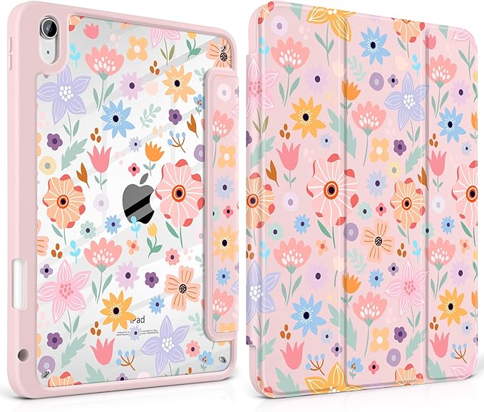Case for iPad Air 13 inch 2026 M4 2025 M3 2024 M2 Release Slim Lightweight Cute Patterns Trifold Cover with Clear Back Shell Magnetic Wake Sleep Design for Girls Women,Pink Flowers