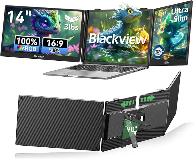 Blackview Laptop Screen Extender, 14" 1080P FHD IPS Triple Portable Monitor, Ultra-Slim Travel Dual Monitor Fit for 13"-17.3" Laptops, USB-C Plug&Play Extended Screen for Windows/Mac/Android/Switch