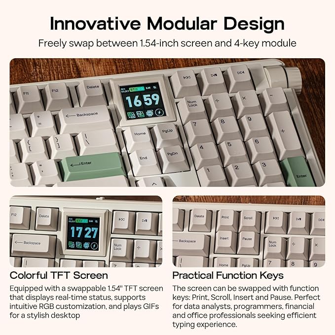 EPOMAKER RT100 PRO Wireless Gaming Keyboard with 1.54" Screen&Knob, RGB, 2.4Ghz/BT/USB-C, Hot Swap, 5000mAh, PBT Keycap, Custom Driver, Retro Mechanical Keyboard for Win/Mac (White, Creamy Jade)