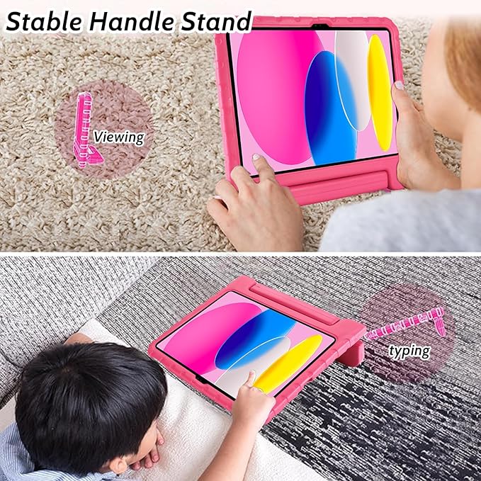 Dteck Kids Case for iPad 10th Generation 10.9" 2022 With Pencil Holder, Shockproof Rugged Lightweight EVA Handle Stand Child Proof for 10.9 Inch iPad 10th Gen, Rose