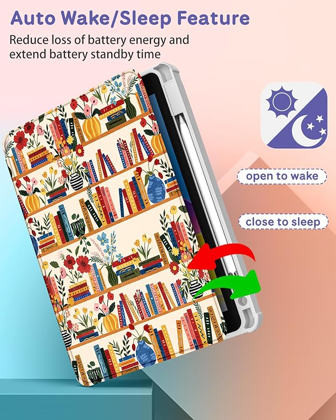 Uppuppy for iPad A16 Case for iPad 10th Generation Case 10.9 inch - 360 Degree Rotating Stand Folio Smart Cover with Pencil Holder for Women Girls, Flower Bookshelf for Apple 10th 2022/11th 2025
