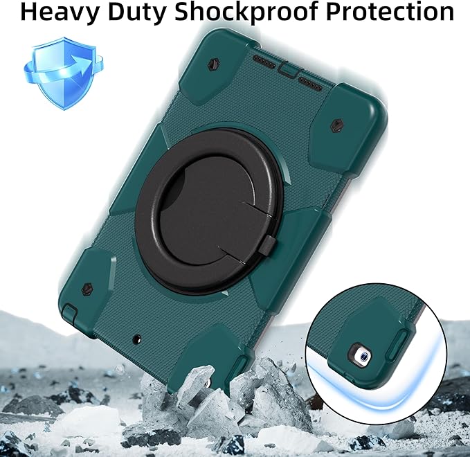 Andnary Case for iPad 9th/8th/7th Generation 10.2 inch, Shockproof Cover with Screen Protector/360° Rotate Stand/Pencil Holder/Shoulder Strap, Kids Case for iPad 2021/2020/2019 (Dark Green+Black)