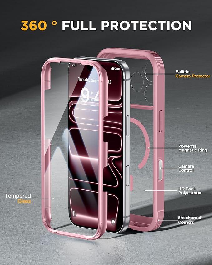 Miracase Magnetic for iPhone 17 Pro Case 6.3" [Compatible with MagSafe] Full-Body Phone Case with Built-in Glass Screen Protector & Camera Control,Drop Proof iPhone 17 Pro Cover, Pink