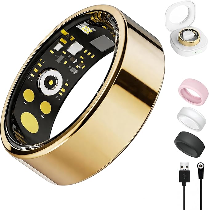 Smart Ring for Women Men, Health Tracker with Heart Rate/Blood Oxygen/Blood Pressure/Sleep Monitoring/Step Counting, IP68 Waterproof Fitness Ring, No App Fees for iPhone & Android (Gold, 10#)