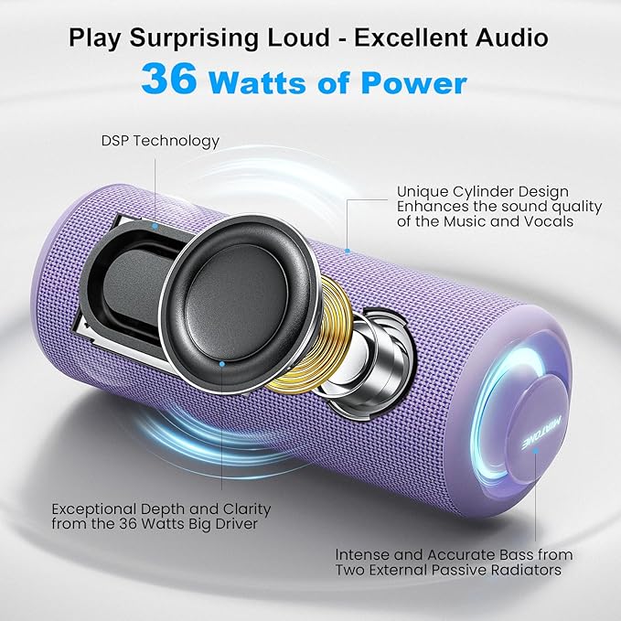 MIATONE Bluetooth Speakers 36W TWS Portable Speaker with Stereo Sound Bass, Bluetooth 5.3 Wireless USB Type C Outdoor, 5000mAh (Purple)
