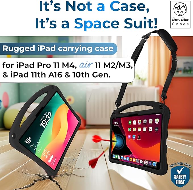 Bam Bino Space Suit, iPad Air 11 Inch Case Kids(M2/M3/M4), iPad Pro 11-inch(M4/M5), iPad A16(11thGen), iPad 10thGeneration, Built-in Screen Protector, Handle, Kick Stand, Shoulder Strap (Cosmic Black)