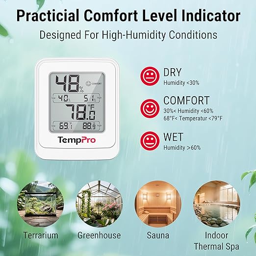 TempPro TP150 Greenhouse Thermometer Hygrometer, IPX5 High-Humidity Resistant Temperature and Humidity Monitor, High/Low Records Humidity Meter for Indoor Grow Tents, Basement, Reptile Terrarium, 2 PC