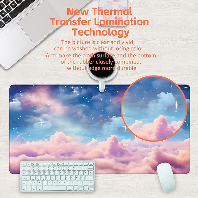 Desk Pad, Watercolor Fantasy Clouds Cape Desk Mat, Stars and Crescent Moon Large Gaming Mouse Pad for Desk, 31.5"x15.7" Extended Big Computer Mouse Pad with Non-Slip Base and Stitched Edge