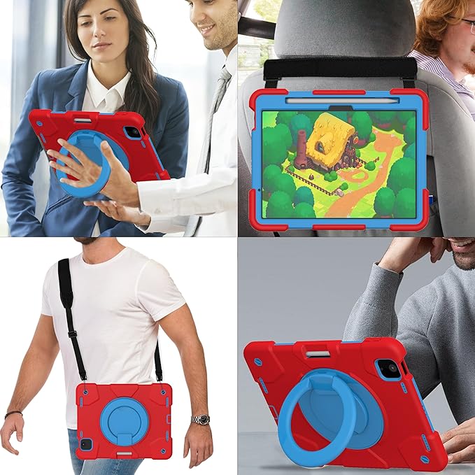 Andnary Case for iPad Air 11 inch Case M4/M3/M2 (2026/2025/2024), Heavy Duty Shockproof Cover with Screen Protector, 360° Rotating Stand, Pencil Holder, Shoulder Strap (Red+Blue)