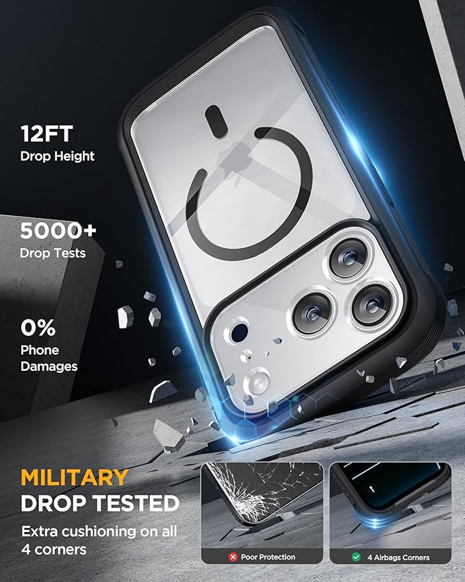 Miracase for iPhone 17 Pro Case 6.3", Full-Body Bumper Military Drop Protection Outdoor Phone Case with Built-in Glass Screen & Full Camera Protector,Camera Control,Compatible with MagSafe,Black