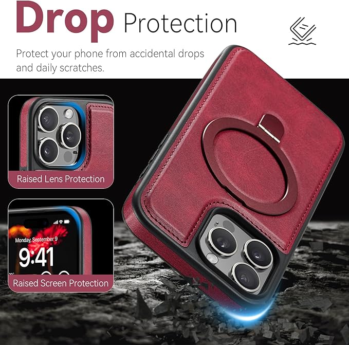 Compatible with iPhone 14 Pro Max Case with Stand, Compatible with MagSafe, Slim PU Leather & Durable TPU Protective Cover Drop-Proof with Tempered Glass Screen Protector 6.7", Red