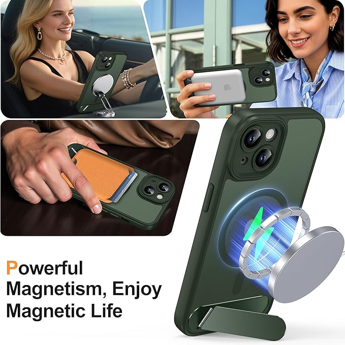 Magnetic Compatible with iPhone 15 Case, [Built-in Invisible Kickstand][Compatible with MagSafe][Full Camera Protection] Translucent Matte Phone Case for iPhone 15 6.1" Dark Green