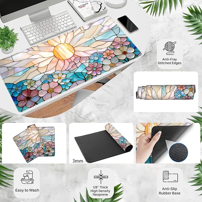 Stained Glass Desk Mat Large Mouse Pad Extended Desk Pad, Gaming Computer Mouse Mat XXL, Big Desktop Keyboard Mat, Full Desk Laptop Pad for Home Office Work, Desk Decor Aesthetic 31.5×15.7 Inch