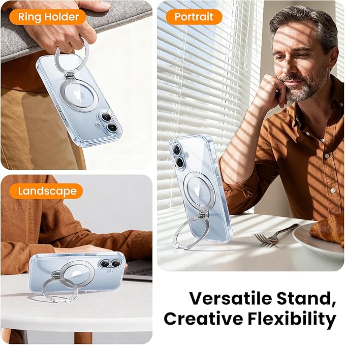 360°Ring Stand for iPhone 17 Case with 1X Screen Protector +1X Camera Cover,Shockproof,Dropproof,Fit for MagSafe, Anti-Yellowing & Scratch-Resistant Back Phone Case for iPhone 17 6.3", Clear Stand Set