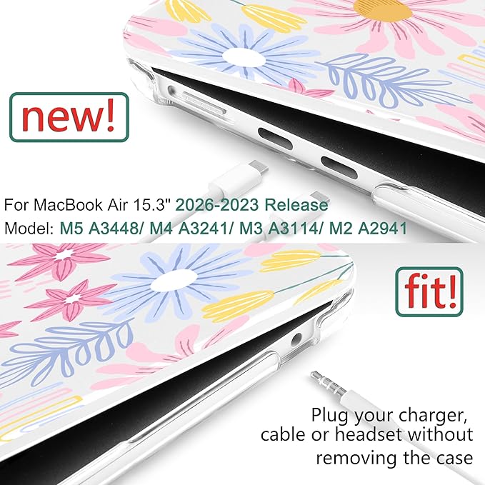 DONGKE Compatible with M5 MacBook Air 15 inch Case 2026 2025-2023 A3448 A3241 A3114 A2941 M4 M3 M2 Liquid Retina Display Touch ID, Protective Hard Shell Cover & Keyboard Skin - Colorful Florals