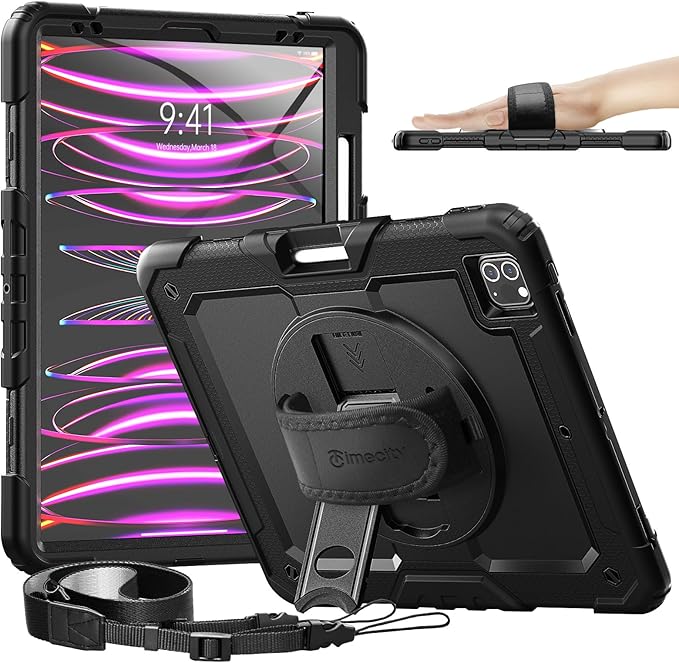 Timecity Protective Case for iPad Pro 12.9 inch 6th/ 5th/ 4th/ 3rd Generation, with Strong Protection, Screen Protector, Hand/Shoulder Strap, Rotating Stand, Pencil Holder - Black