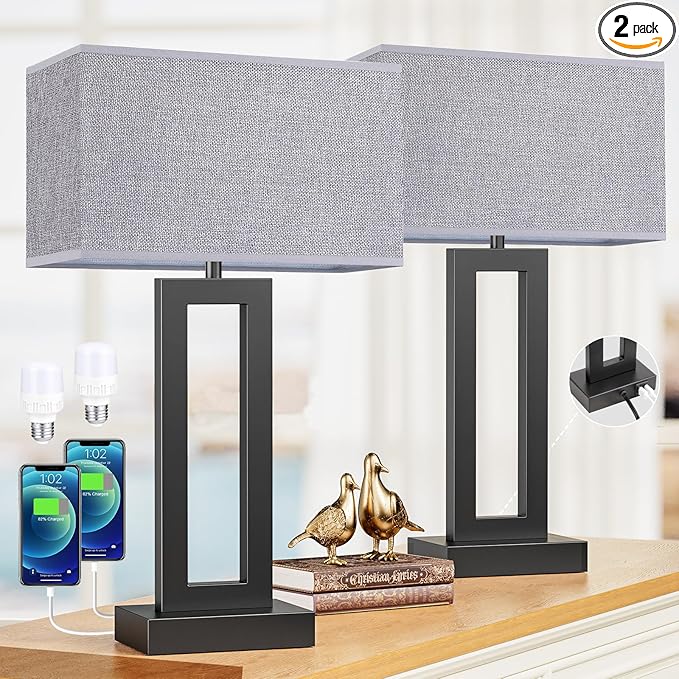 Seealle 22" Tall Living Room Lamps for Night Stands - Touch Bedside Lamp with USB C+A, 3 Way Dimmable Bedroom Lamps for End Tables Set of 2, Modern Night Stand Lamps for Bed Side(Grey&Black)