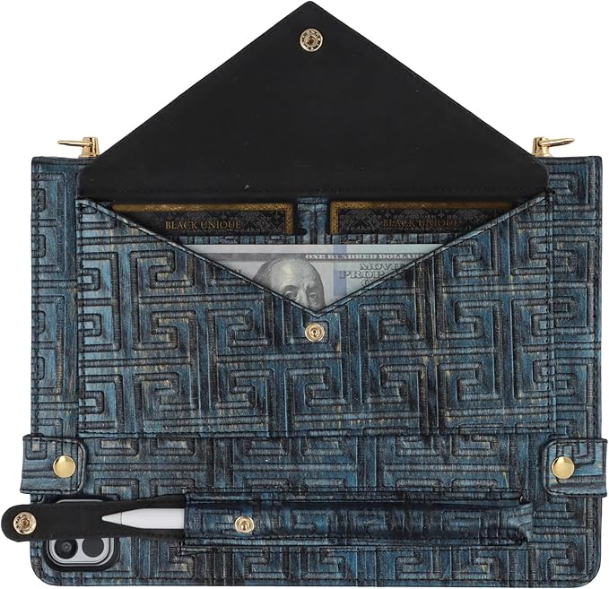Handbag Case for iPad Pro 11" 2025 M5/2024 M4 - Techcircle Vintage Pattern Crossbody PU Leather Folio Envelope Pocket Stand Cover w/Hand Strap+Shoulder Strap+Pencil Holder+Card Slots, Retro Navy