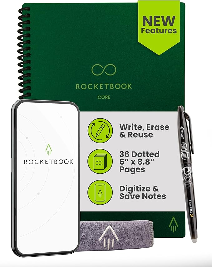 Rocketbook Core Reusable Smart Notebook, Dot Grid Pages For School, Work and Creative Projects, Executive Size 6x8.8, Green - Premium