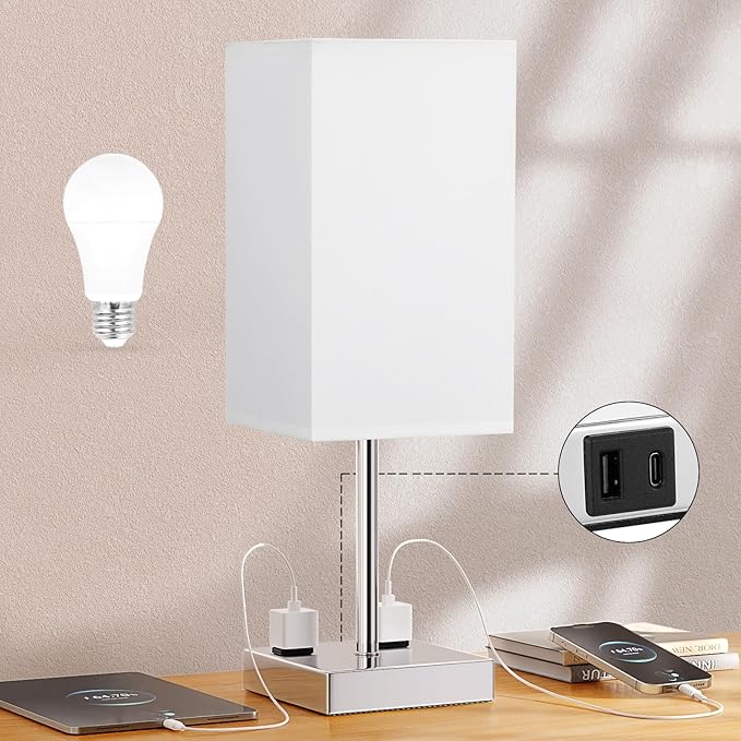 Touch Bedside Table Lamp For Nightstand - 3-Way Dimmable Night Lamp with USB A + Type C Charging Ports and two AC Outlets, Small Desk Light with E26 LED Bulb for Bedroom Living Room, WHITE PLUS