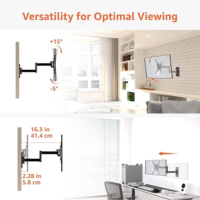 Amazon Basics Full Motion Articulating TV Wall Mount with Tilt Swivel, Extends 16 inches, VESA 200x200, for 12" to 40" TVs, 40 lbs, Black