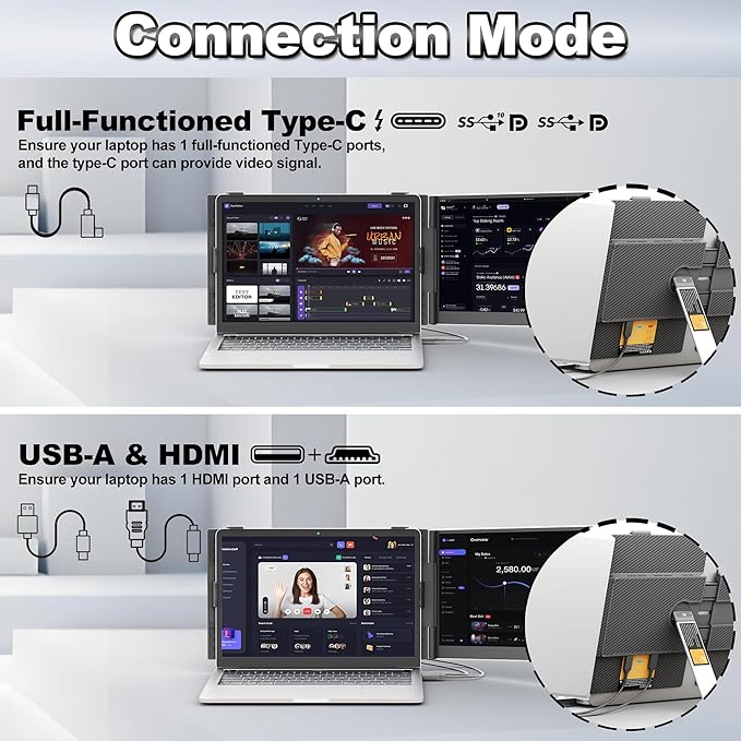 domyfan 14" Laptop Screen Extender, Ultra-Thin Portable Dual Laptop Monitor Extender with FHD 1080P IPS Display, Plug & Play via HDMI/USB-A/Type-C for 13-17" Laptops, Works with Windows/Mac/Android