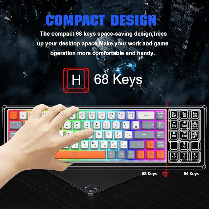 Snpurdiri 60% Percent Gaming Keyboard, Ergonomic Compact RGB Backlit Small Gaming Keyboard for Windows, PC, Laptop (68 Keys, White-Grey-Orange)