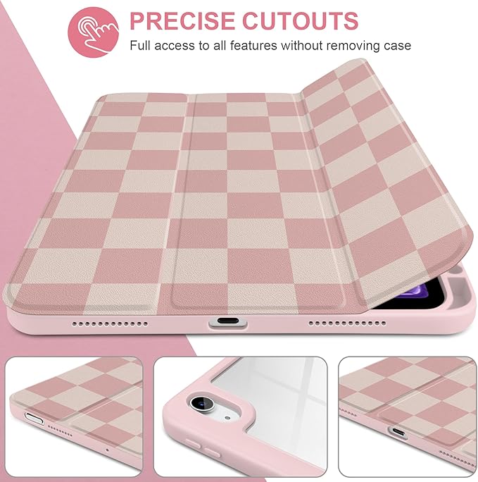 Case for iPad Air 11 inch M4 2026 M3 2025 M2 2024 Release with Pencil Holder - Aesthetic Cute Design Trifold Cover with Soft TPU Bumper Clear Back Auto Sleep/Wake for Girls Women, Lattice