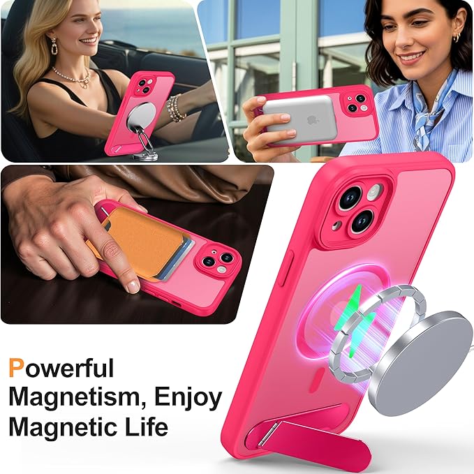 Magnetic Compatible with iPhone 15 Plus Case, [Built-in Kickstand][Full Camera Protection][Compatible with MagSafe][Anti-Fingerprint] Shockproof Phone Case for iPhone 15 Plus 6.7",HotPink