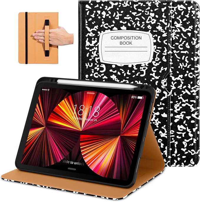 DTTO Case for iPad Pro 11 Inch 4th / 3rd / 2nd / 1st Generation 2022/2021/2020/2018,Premium PU Leather Folio Stand Cover with Hand Strap, Auto Wake/Sleep,Multiple Viewing Angles, Composition Book