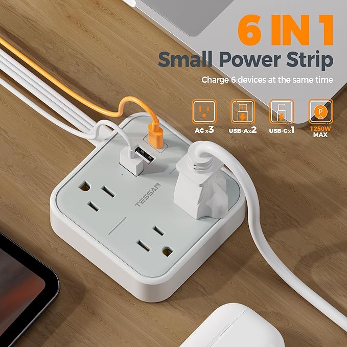 TESSAN Ultra Thin Flat Extension Cord 5 FT, Slim Power Strip with USB Ports (1 USB C), Non Surge Protector Flat Plug Wall Charger with 3 Outlets for Office, School, Alaska Cruise Essentials, Grey