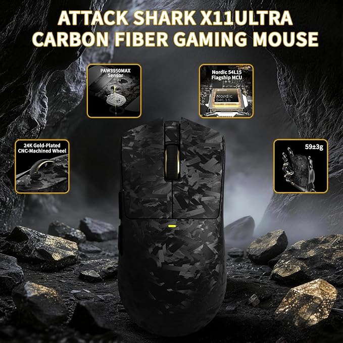 ATTACK SHARK X11 Ultra 8K Carbon Fiber Wireless Gaming Mouse,Nordic 54L15 MCU,PAW3950MAX Sensor,59g Superlight,42000 DPI,BT/2.4Ghz/Wired Mouse with 100 Million Clicks,Programmable for Pc/Mac,Black