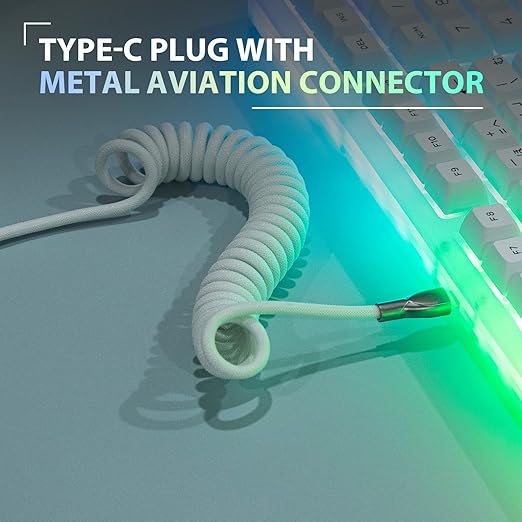 EPOMAKER Mix 1.8m Coiled Keyboard Cable, USB C to USB A TPU Cable for Mechanical Gaming Keyboard, with Detachable Metal Aviator for Custom Keyboard, White
