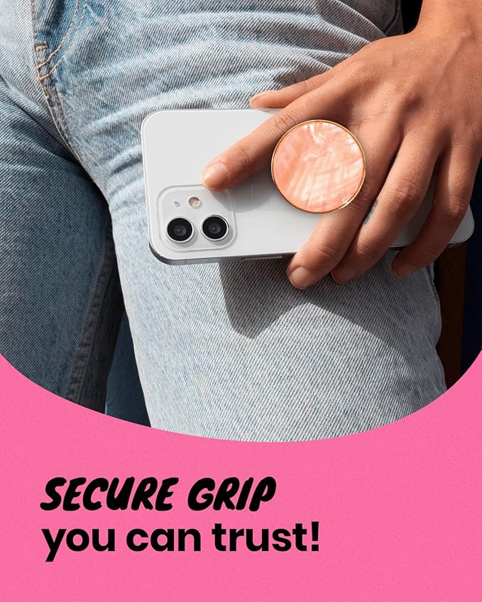 On The Grip Universal Phone Grip & Stand, Genuine Natural Gemstone/Seashell, Strong Adhesive Finger Holder, Collapsible Socket for iPhone, Samsung Galaxy, Kindle and Tablets (Peach)