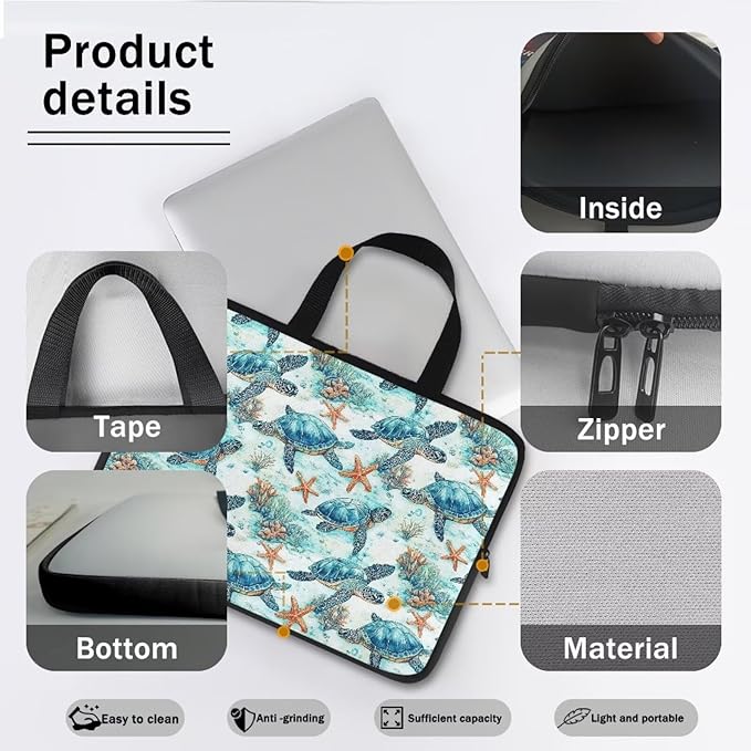 15 Inch Sea Turtle Starfish Laptop Sleeve, Lightweight Laptop Cover Computer Bag Tablet Carrying Case with Handle, Waterproof Tote Bags Notebook Case Handbag Briefcase for Men Women