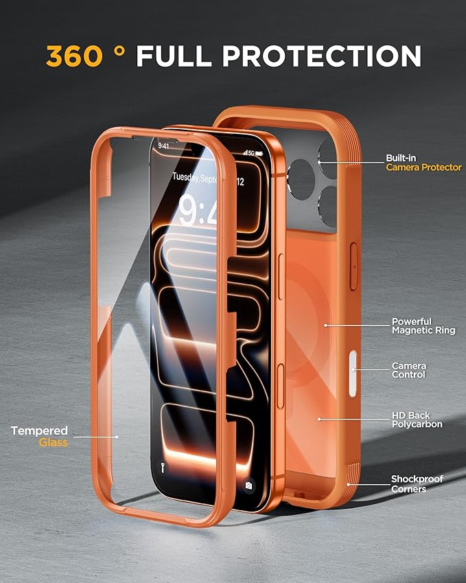 Miracase for iPhone 17 Pro Case with 360 Spin Magnetic Stand, Full-Body Phone Case with Built-in Glass Screen Protector & Camera Control, Drop Proof iPhone 17 Pro Cover, Orange