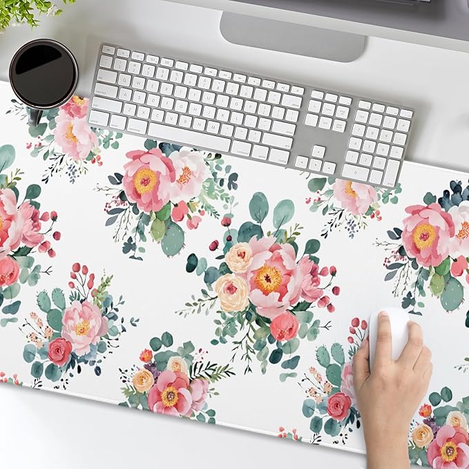 Pink Floral Mouse Pad Large Watercolor Pink Floral Mouse Pad Extended Non-Slip Mousepad with Stitched Edges 35.4x15.7 Inch Non-Slip Rubber Base Desktop Protectors Mats for Home Office Accessories